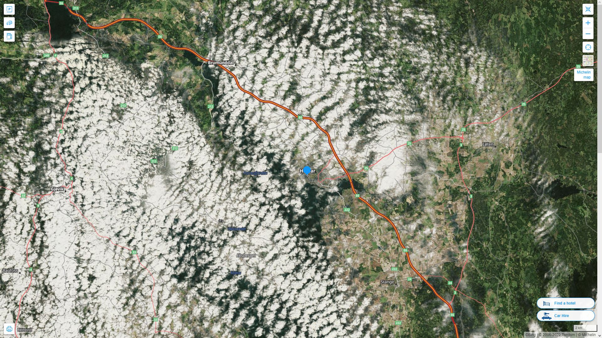 Hamar Norvege Autoroute et carte routiere avec vue satellite